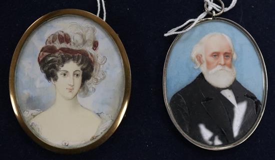 Two portrait miniatures Portrait of a Edward Arthur Gayer QC, 6.5cm., and a lady wearing a bonnet oval, 7cm.